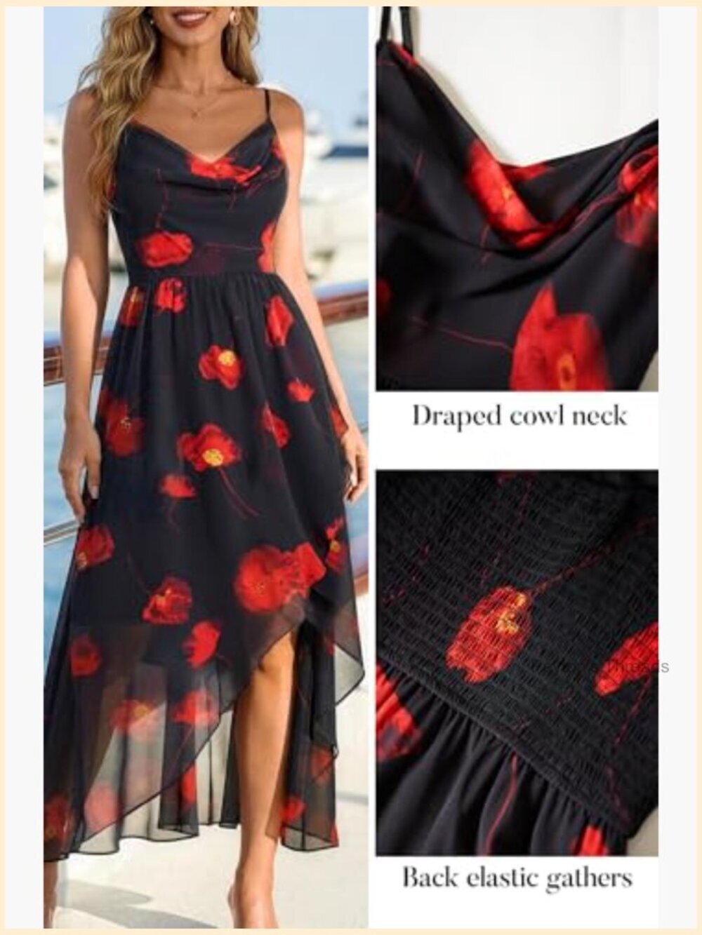 Floral Midi Dress Spaghetti Strap Cowl Neck A-Line Smocked Back Wedding Guest - Picture 5 of 7